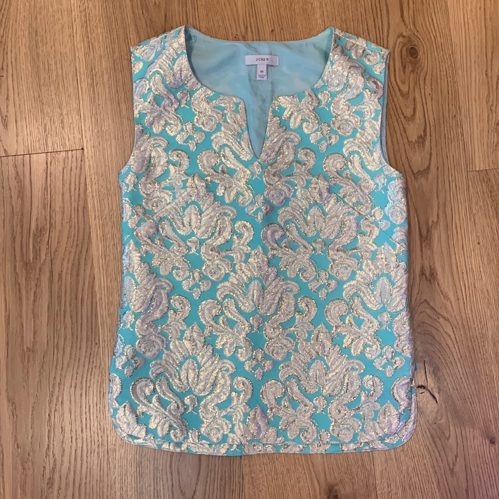 J. Crew Green and Gold Jacquard Top